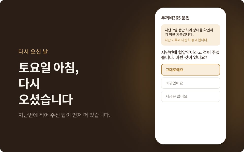 장면 2: 토요일 아침, 다시 오셨습니다. 지난번에 혈압약이라고 적어 주셨습니다, 바뀐 것이 있나요?