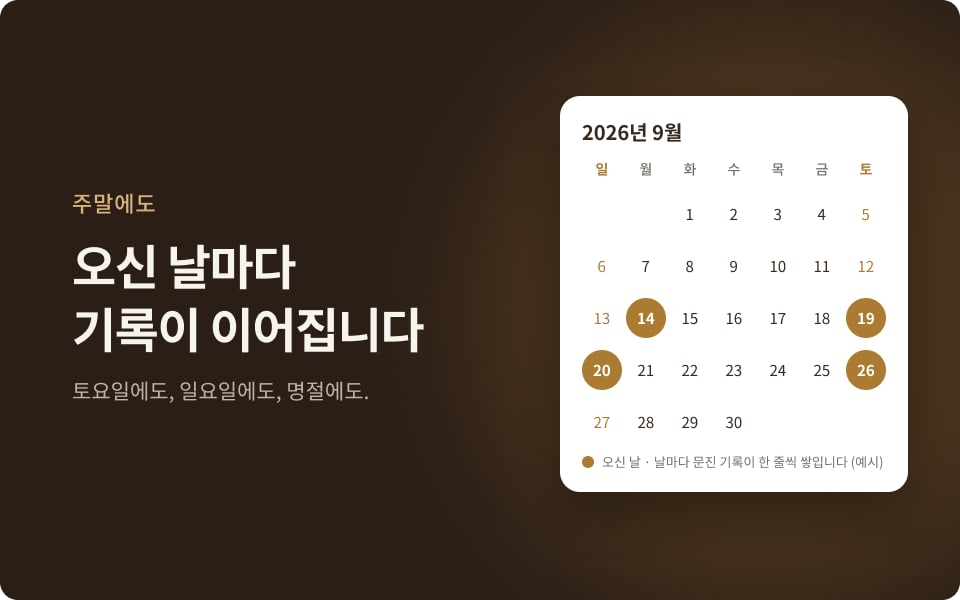 장면 4: 오신 날마다 기록이 이어집니다. 달력에 월·토·일 방문 표시